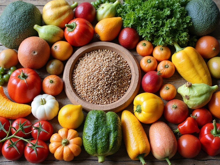 Gyümölcsökkel és zöldségekkel teli asztal