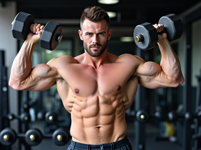 Férfi súlyzóval edzőteremben, egészséges súlygyarapítást szimbolizálva