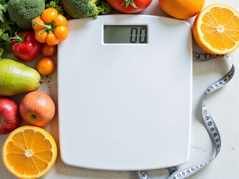 Testsúlykontroll programok képe mérleggel, mérőszalaggal és egészséges ételekkel