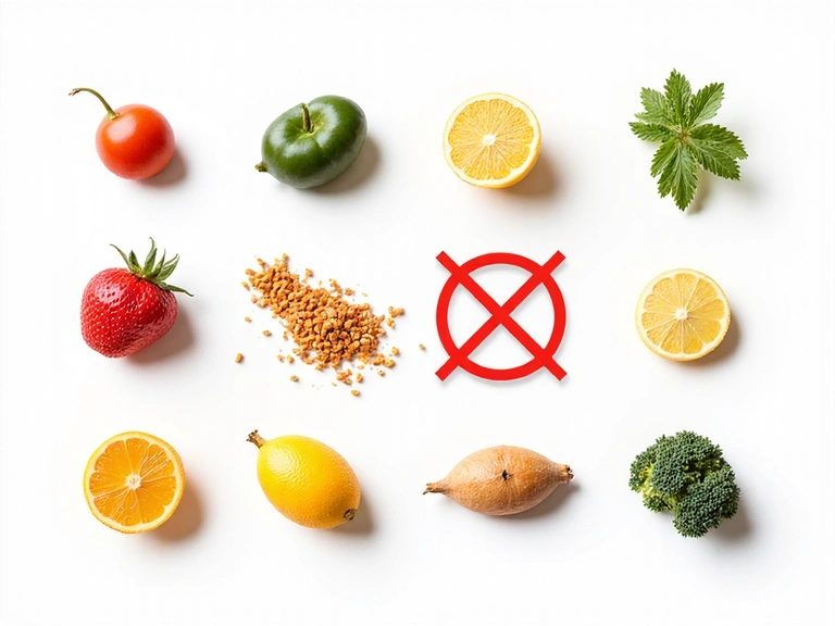 Különböző élelmiszerek, néhányon tiltó jellel, ami az intoleranciát szimbolizálja